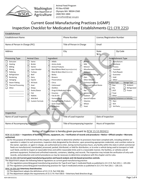 Form AGR-4289 Current Good Manufacturing Practices (Cgmp) Inspection Checklist for Medicated Feed Establishments (21 C.f.r. 225) - Sample - Washington