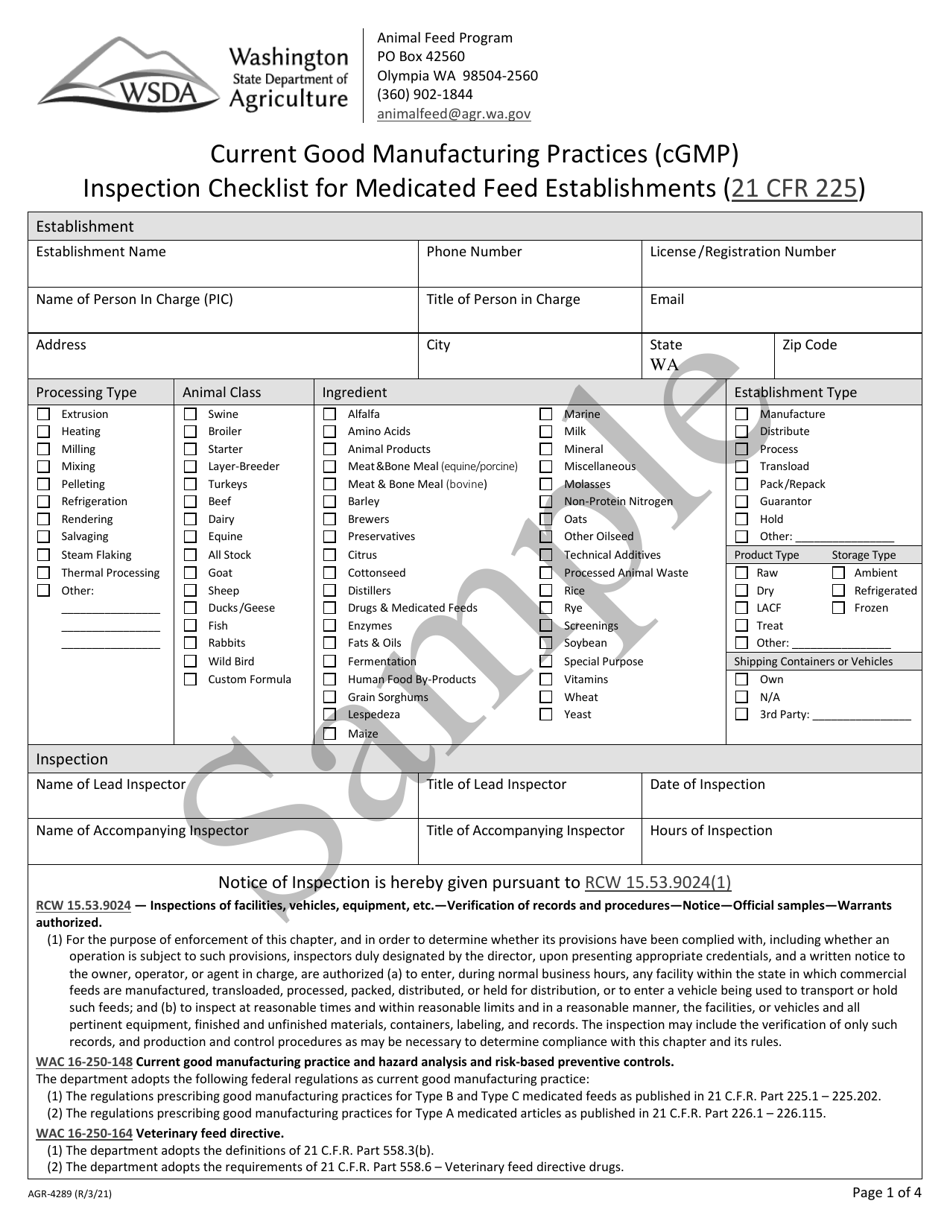 Form AGR-4289 Current Good Manufacturing Practices (Cgmp) Inspection Checklist for Medicated Feed Establishments (21 C.f.r. 225) - Sample - Washington, Page 1