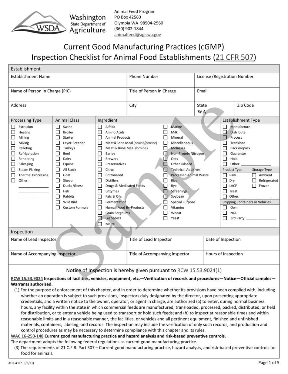 AGR Form 4397 Current Good Manufacturing Practices (Cgmp) Inspection Checklist for Animal Food Establishment - Sample - Washington, Page 1