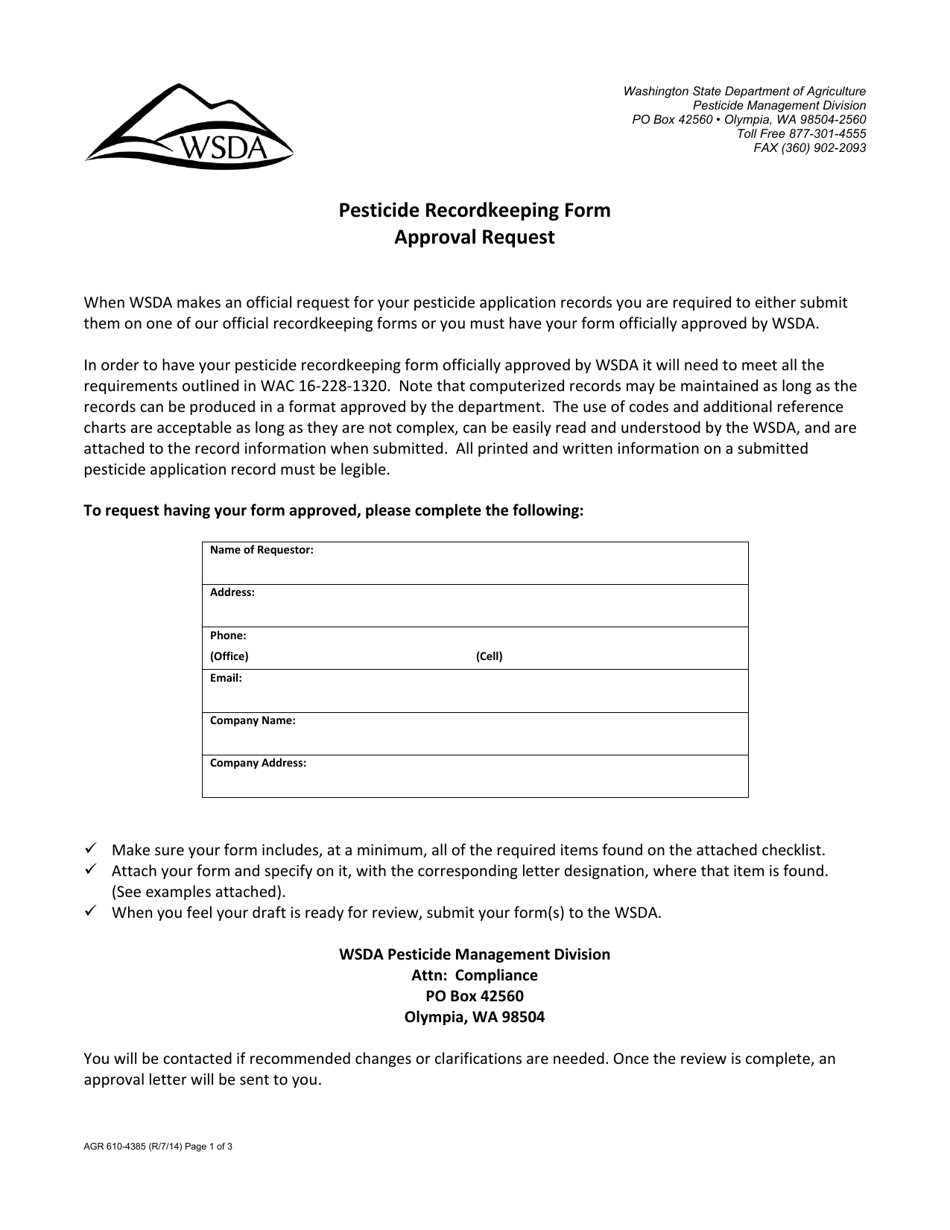 Form AGR610-4385 Pesticide Recordkeeping Form Approval Request - Washington, Page 1