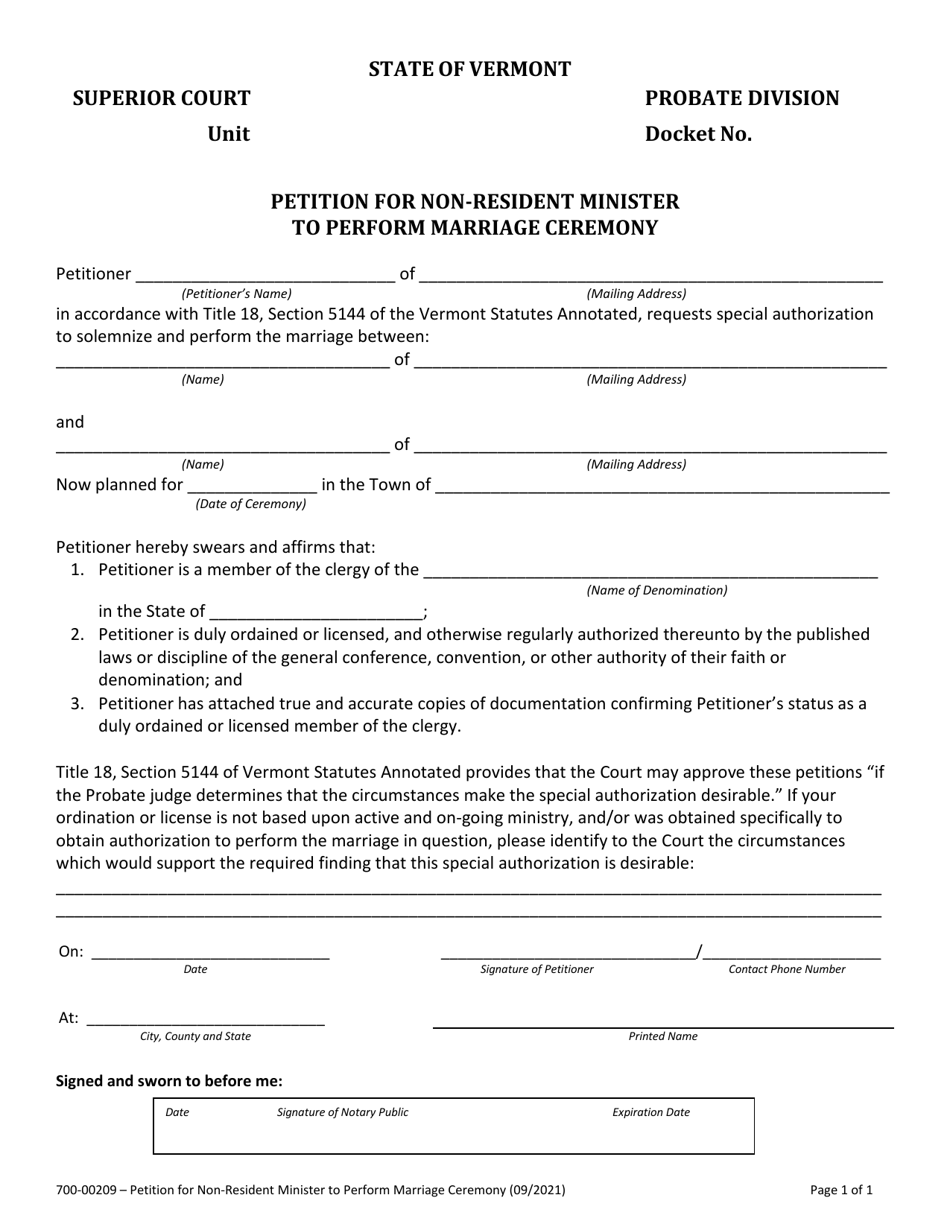 Form 700-00209 Petition for Non-resident Minister to Perform Marriage Ceremony - Vermont, Page 1
