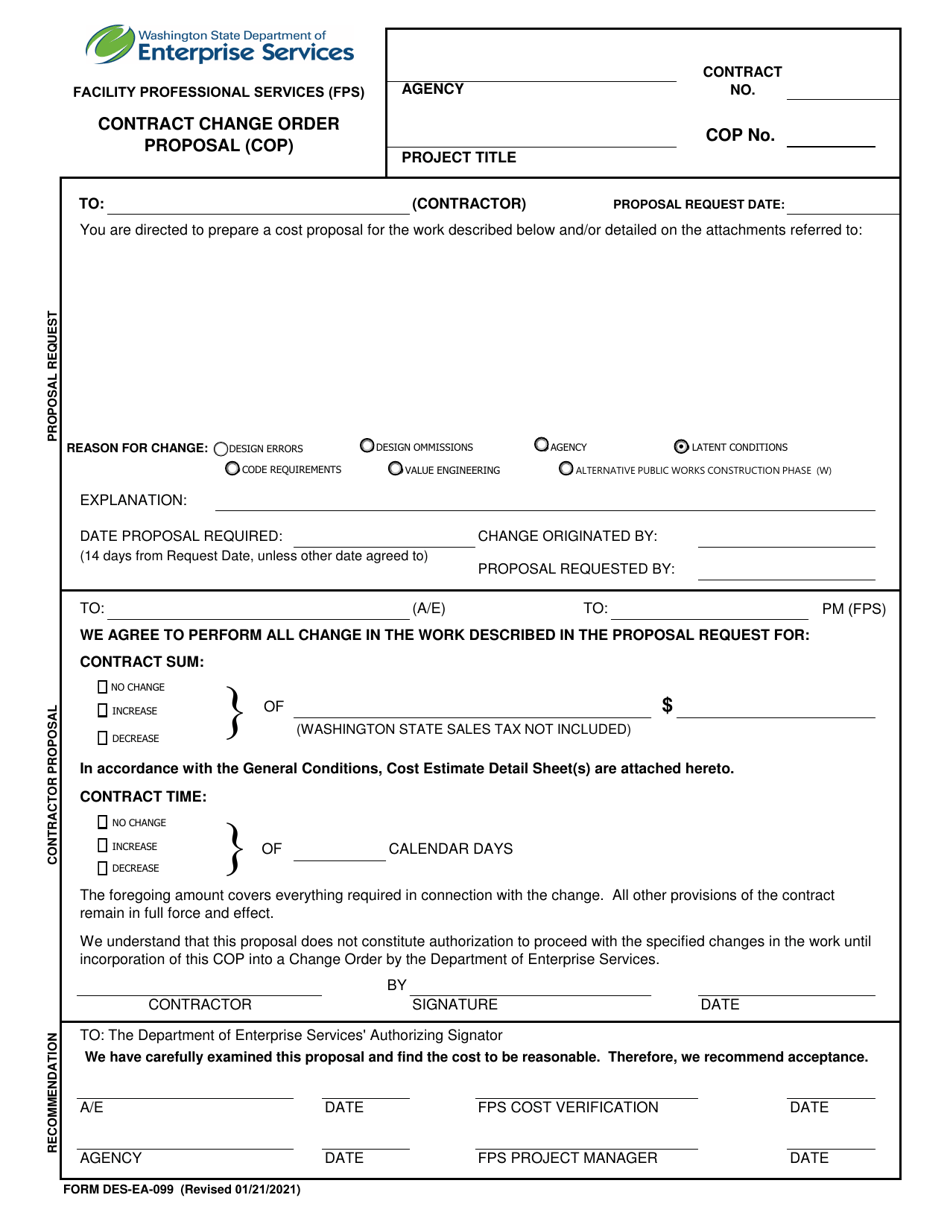 Form DES-EA-099 Contract Change Order Proposal (Cop) - Facility Professional Services (Fps) - Washington, Page 1