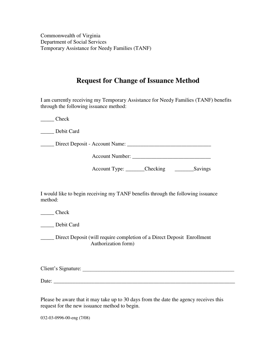 Form 032-03-0996-00-ENG Request for Change of Issuance Method - Virginia, Page 1