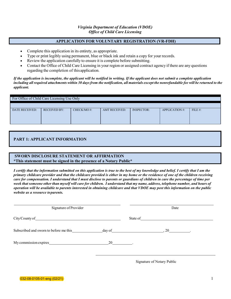 Form 032-08-0105-01-ENG Application for Voluntary Registration (Vr-Fdh) - Virginia, Page 1