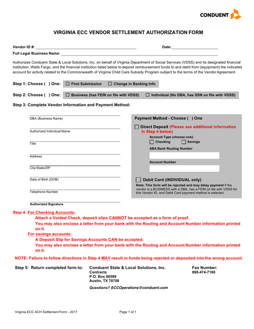 Virginia Ecc Vendor Settlement Authorization Form - Virginia Download Pdf