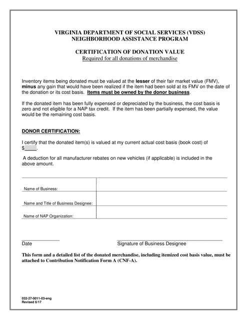 Form 032-27-0011-03-ENG Certification of Donation Value - Neighborhood Assistance Program - Virginia