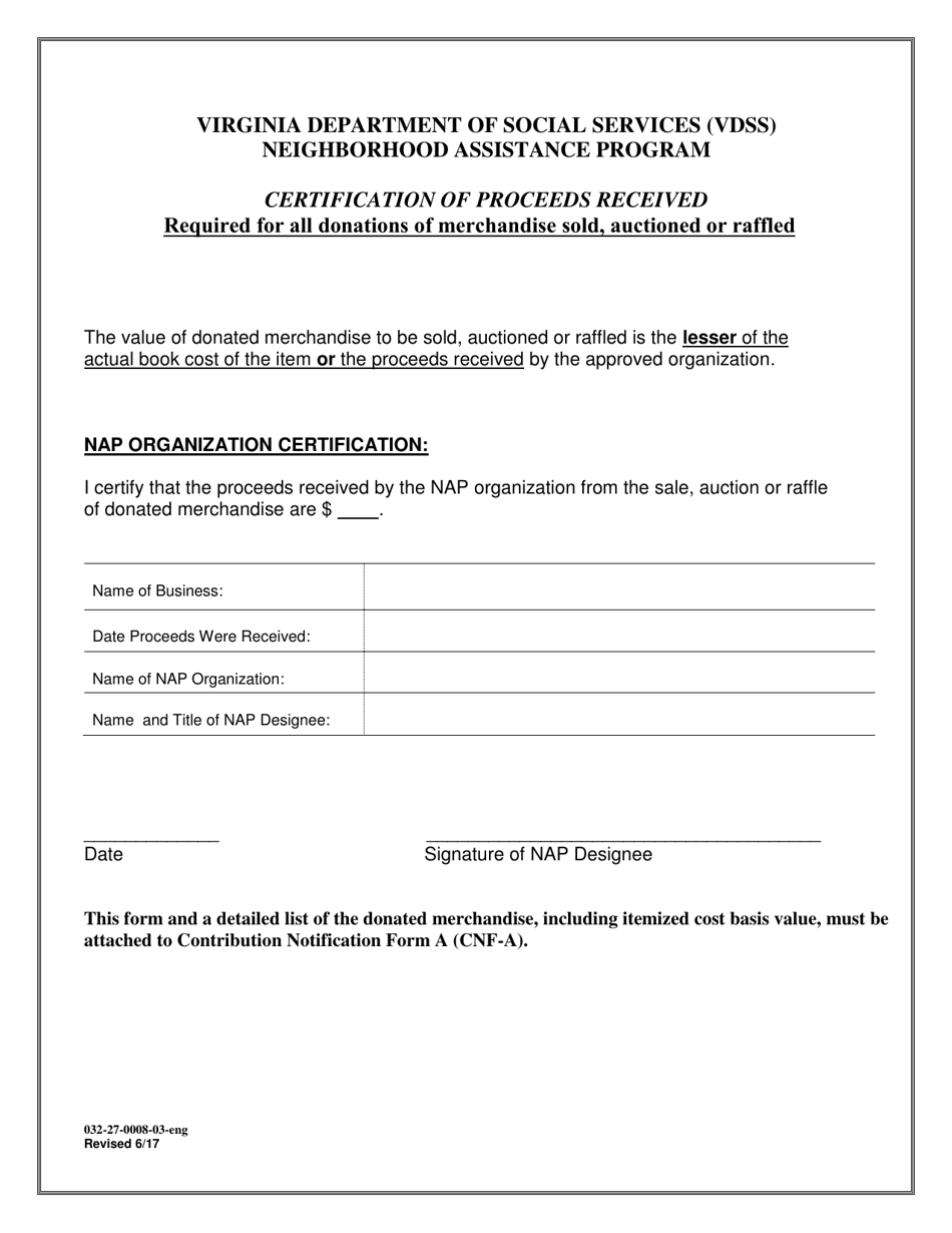 Form 032-27-0008-03-ENG Certification or Proceeds Received - Neighborhood Assistance Program - Virginia, Page 1