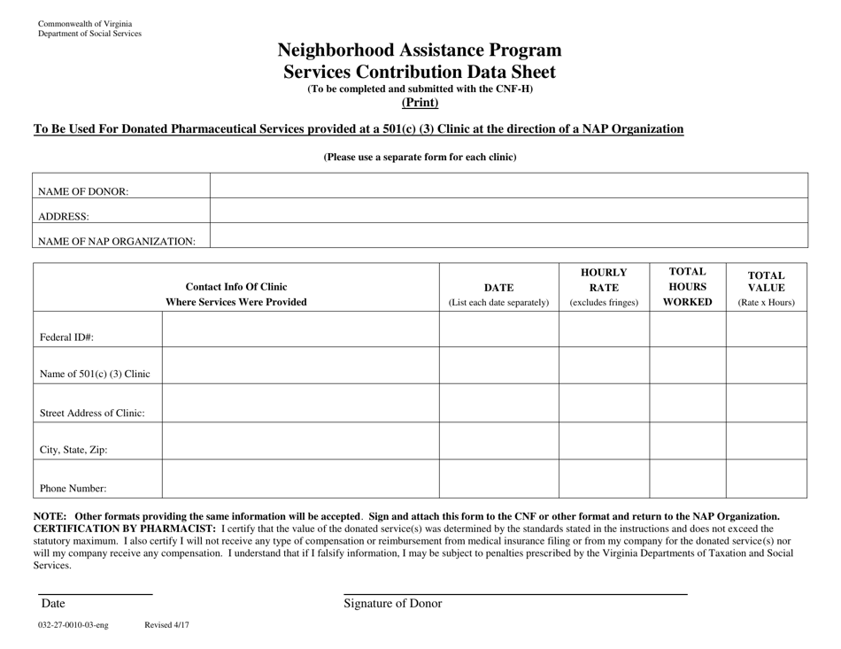 Form 032-27-0010-03-ENG Pharmacist Services Contribution Data Sheet - Neighborhood Assistance Program - Virginia, Page 1