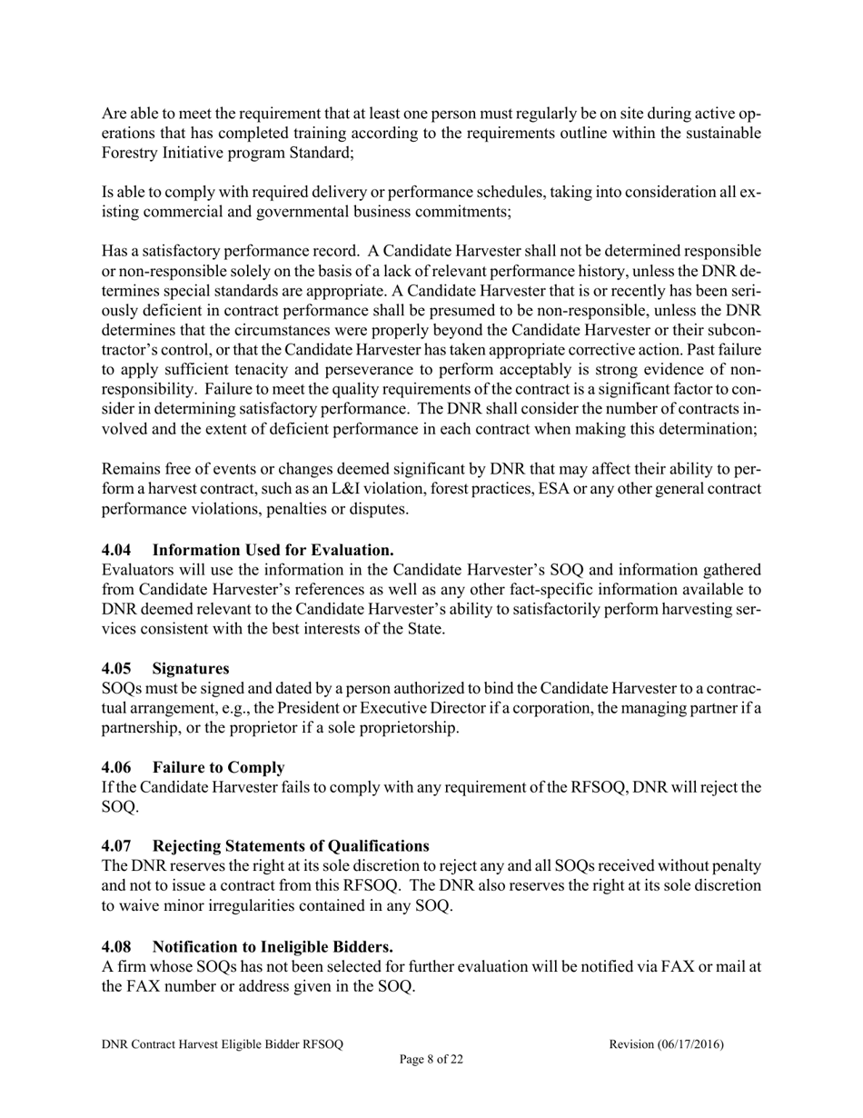 Contract Harvest Eligible Bidder Request for Statement of Qualifications (Rfsoq) - Washington, Page 8