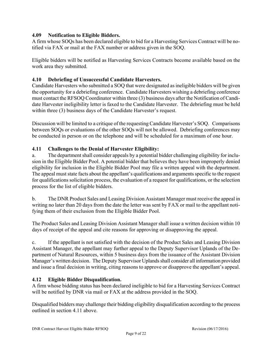 Contract Harvest Eligible Bidder Request for Statement of Qualifications (Rfsoq) - Washington, Page 9