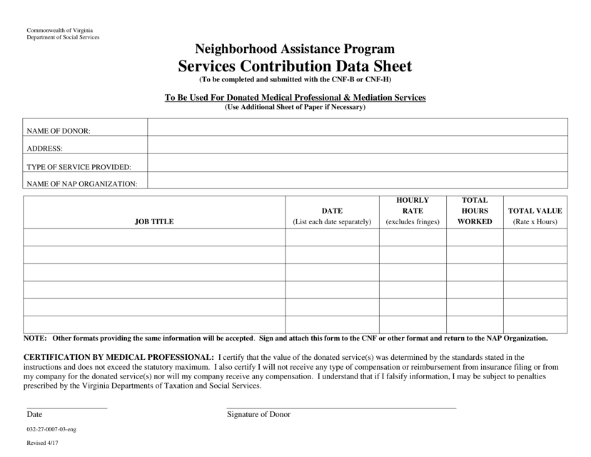 Form 032-27-0007-03-ENG Services Contribution Data Sheet - Medical/Mediation Services - Neighborhood Assistance Program - Virginia