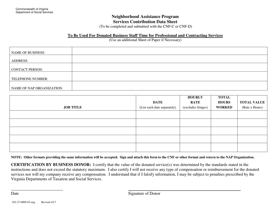 Form 032-27-0009-03-ENG Services Contribution Data Sheet - Neighborhood Assistance Program - Virginia, Page 1