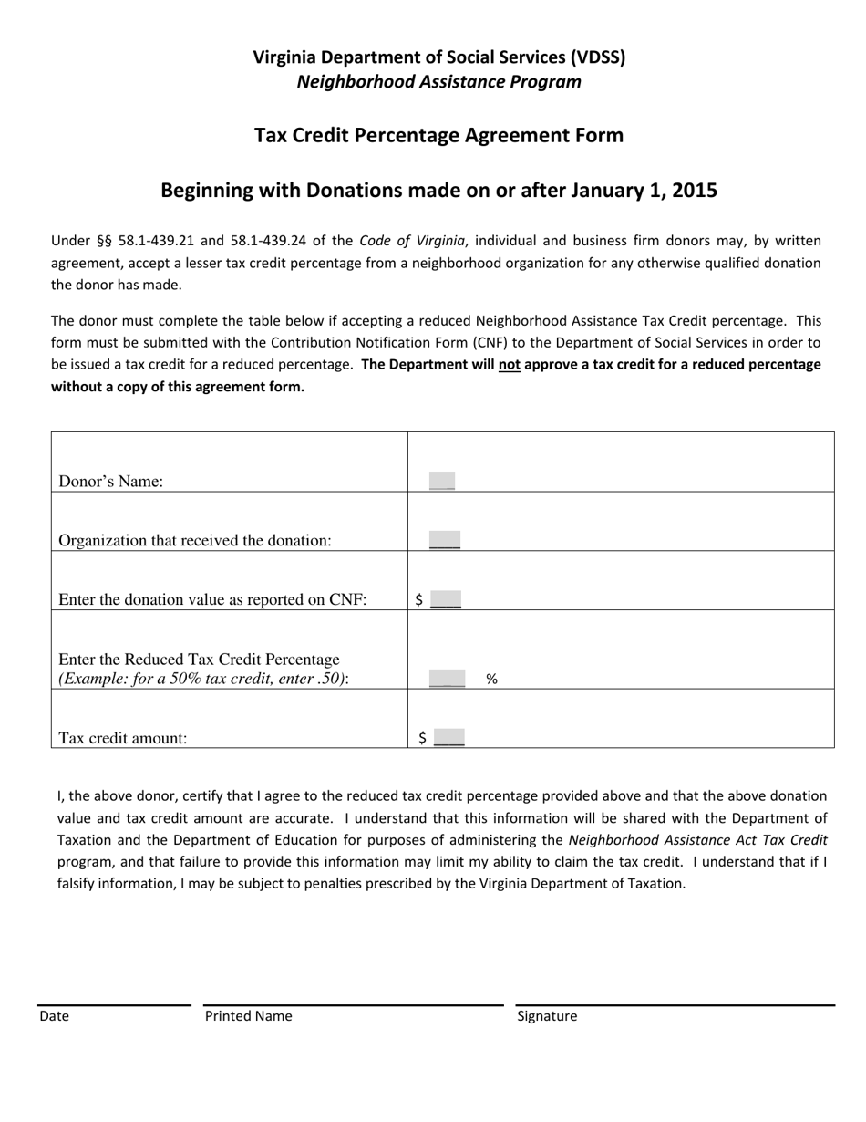 Virginia Tax Credit Percentage Agreement Form Neighborhood Assistance Program Fill Out, Sign