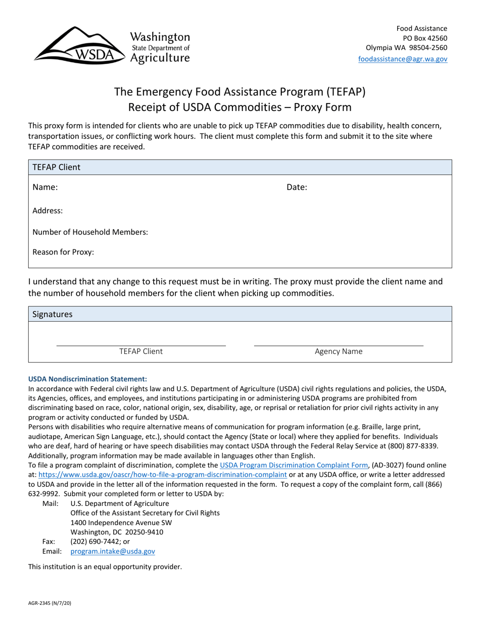 Form AGR-2345 Receipt of Usda Commodities Proxy Form - the Emergency Food Assistance (Tefap) - Washington, Page 1