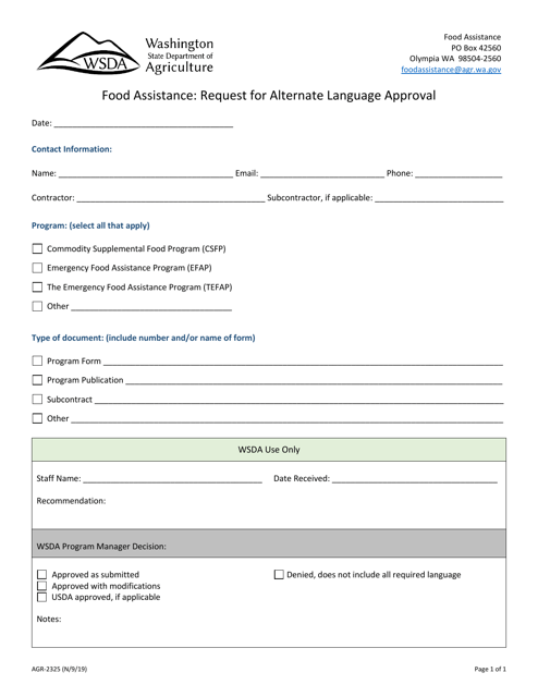 Form AGR-2325 Food Assistance: Request for Alternate Language Approval - Washington