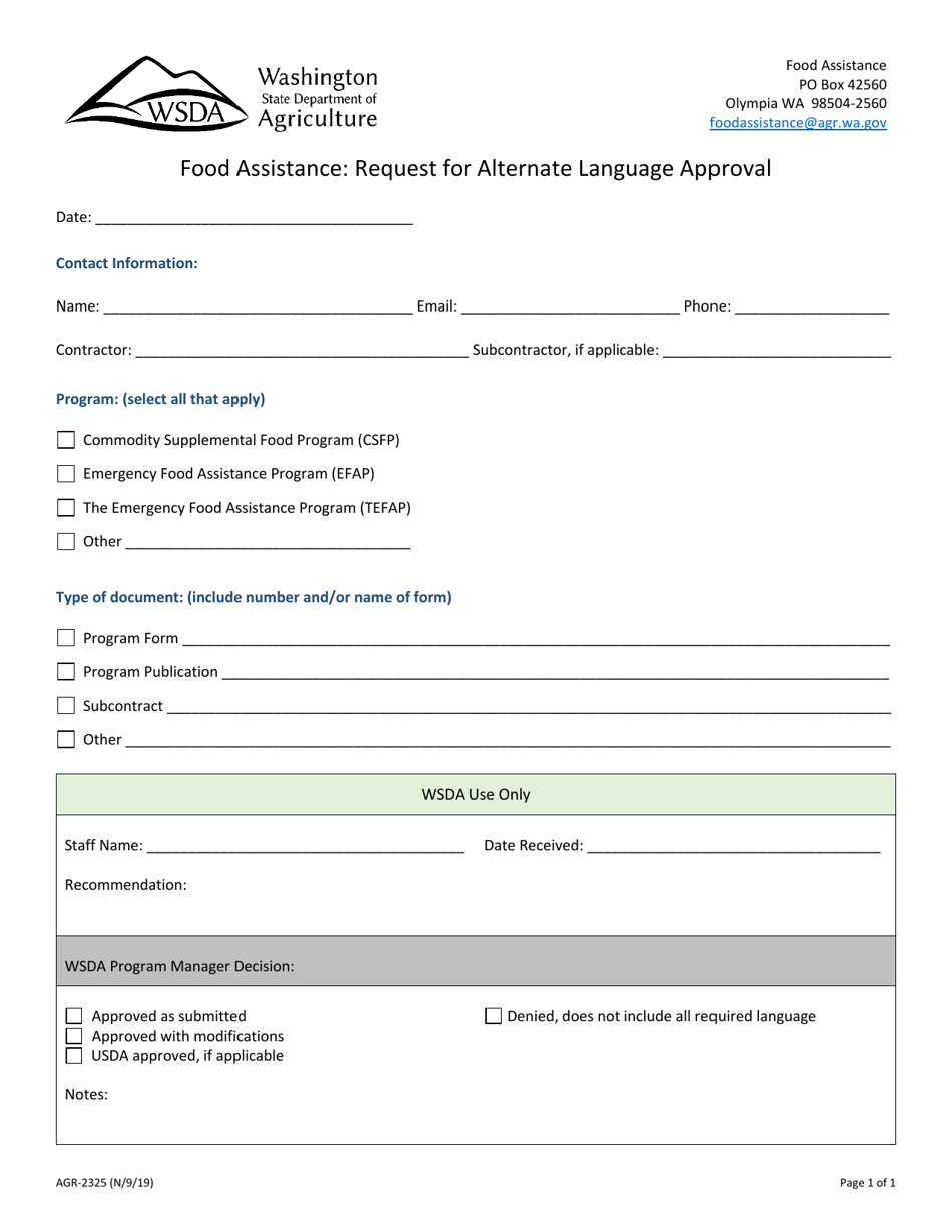 Form AGR-2325 Food Assistance: Request for Alternate Language Approval - Washington, Page 1
