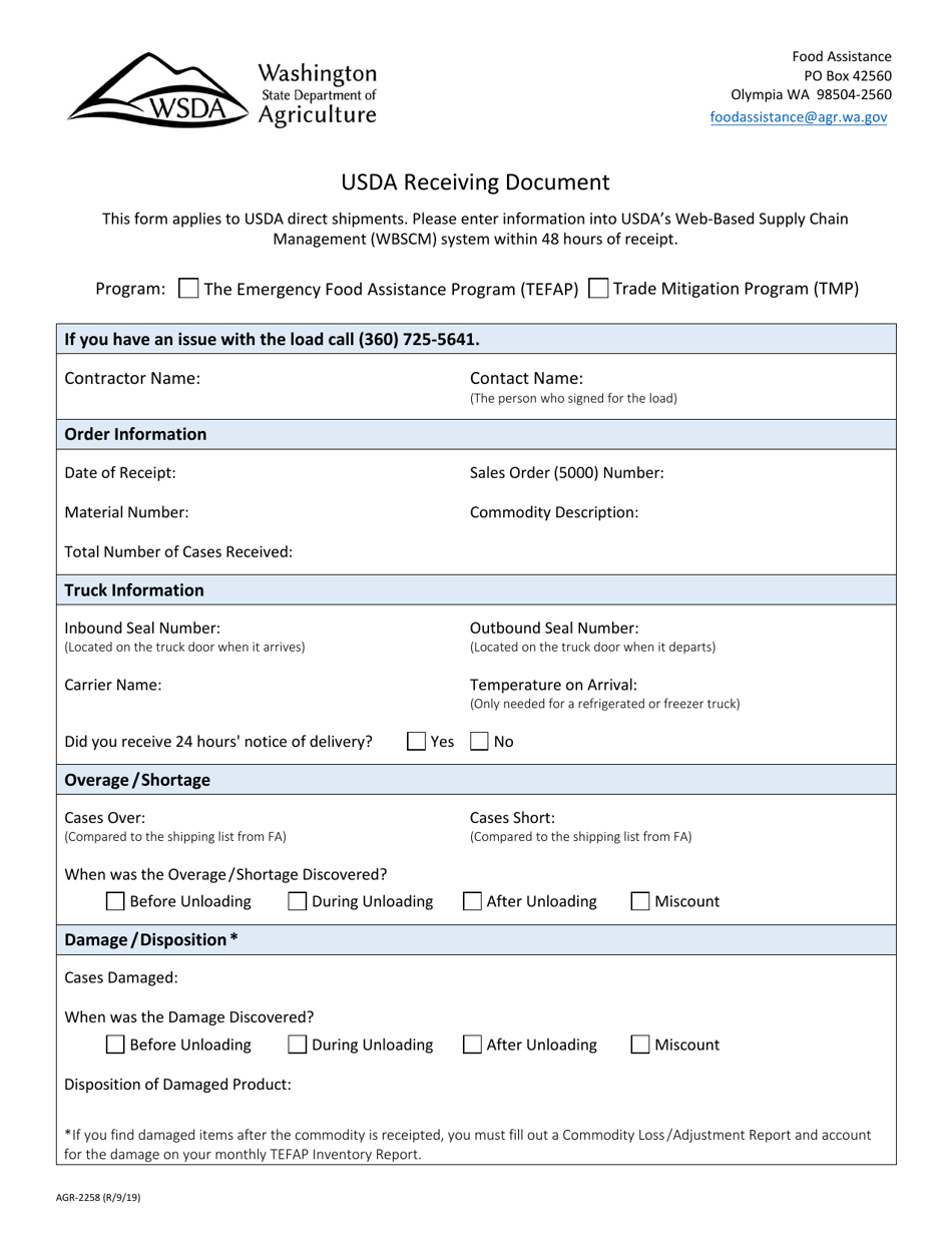 Form AGR-2258 Usda Receiving Document - Washington, Page 1