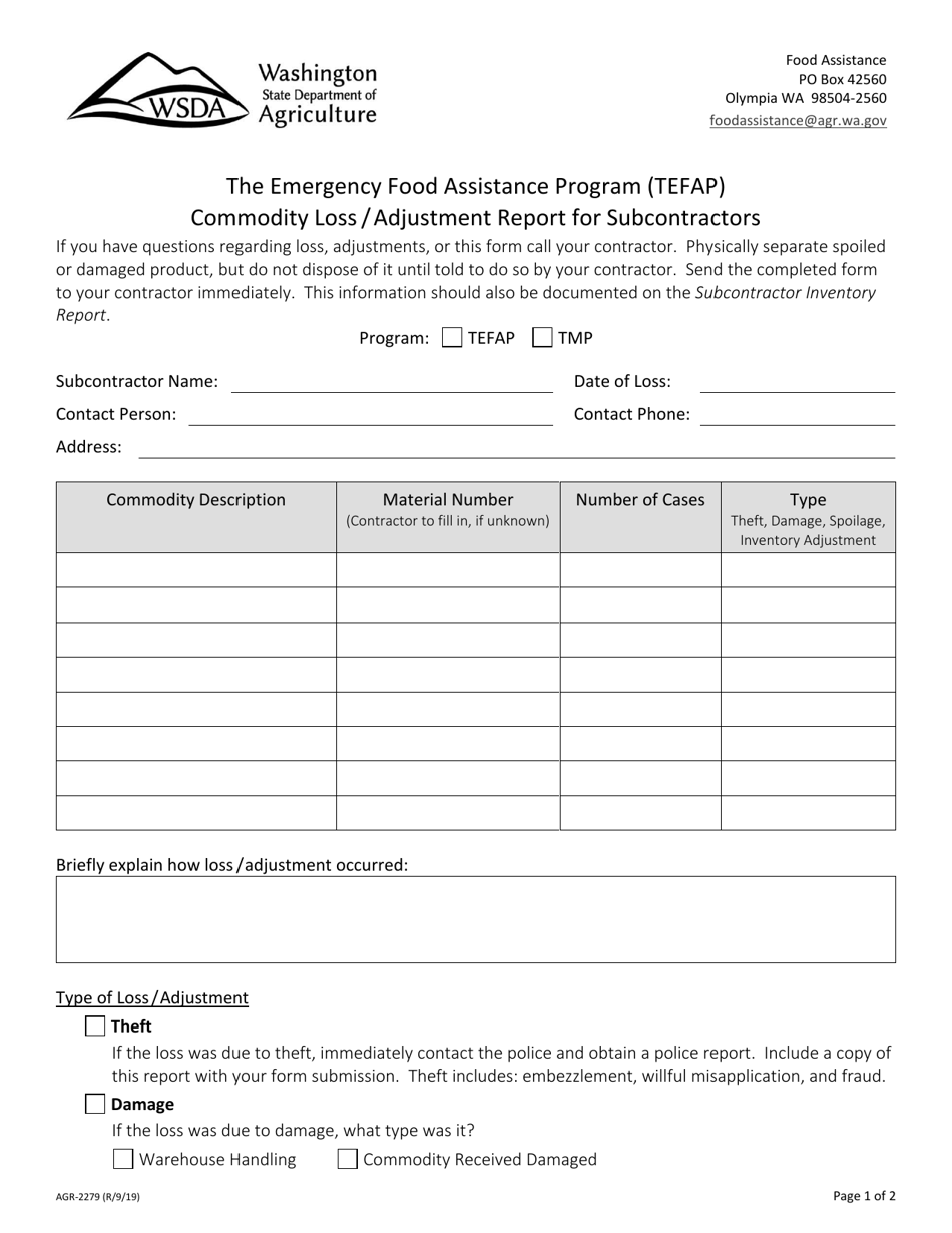 Form AGR-2279 Commodity Loss / Adjustment Report for Subcontractors - the Emergency Food Assistance Program (Tefap) - Washington, Page 1