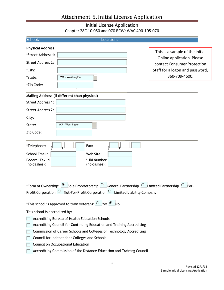 Attachment 5 Sample Initial Licensing Application - Washington, Page 1