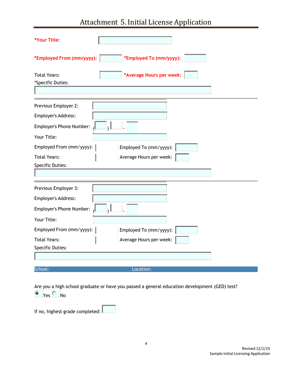Attachment 5 Sample Initial Licensing Application - Washington, Page 4