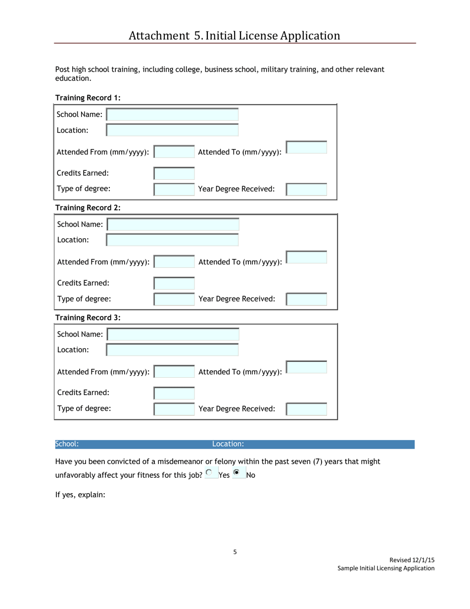 Attachment 5 Sample Initial Licensing Application - Washington, Page 5