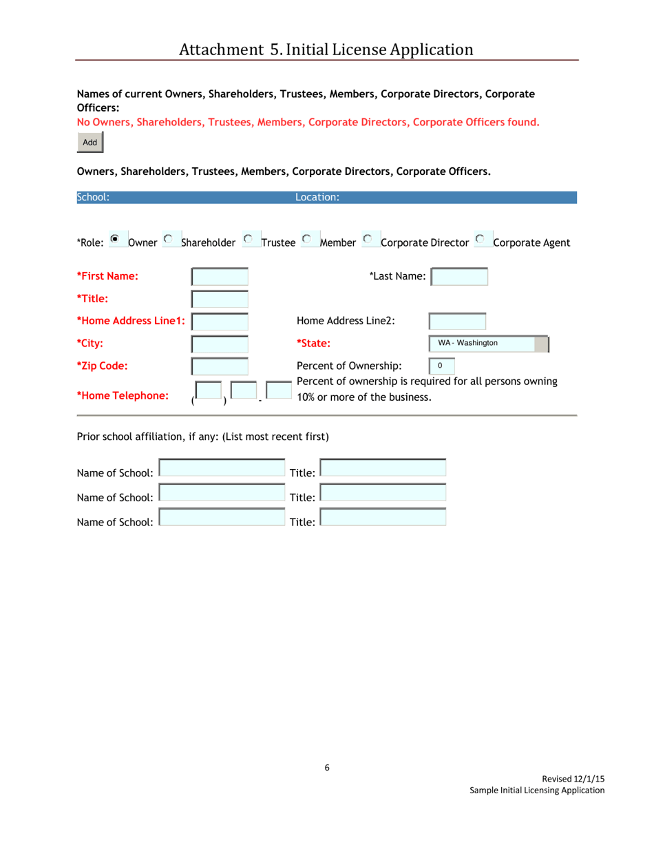 Attachment 5 Sample Initial Licensing Application - Washington, Page 6