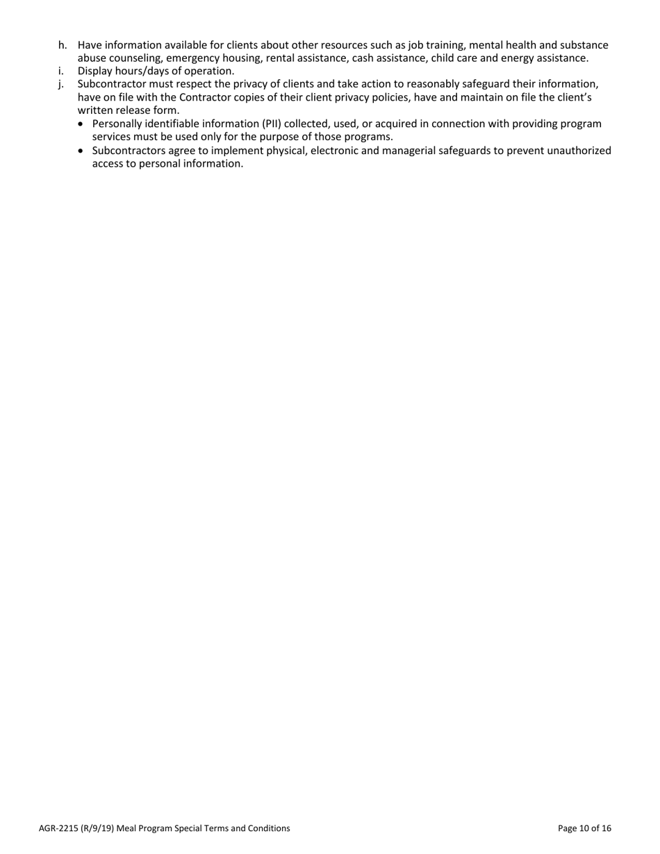 Form AGR-2215 The Emergency Food Assistance Program (Tefap) and Trade Mitigation Program (Tmp) Subcontract - Washington, Page 10
