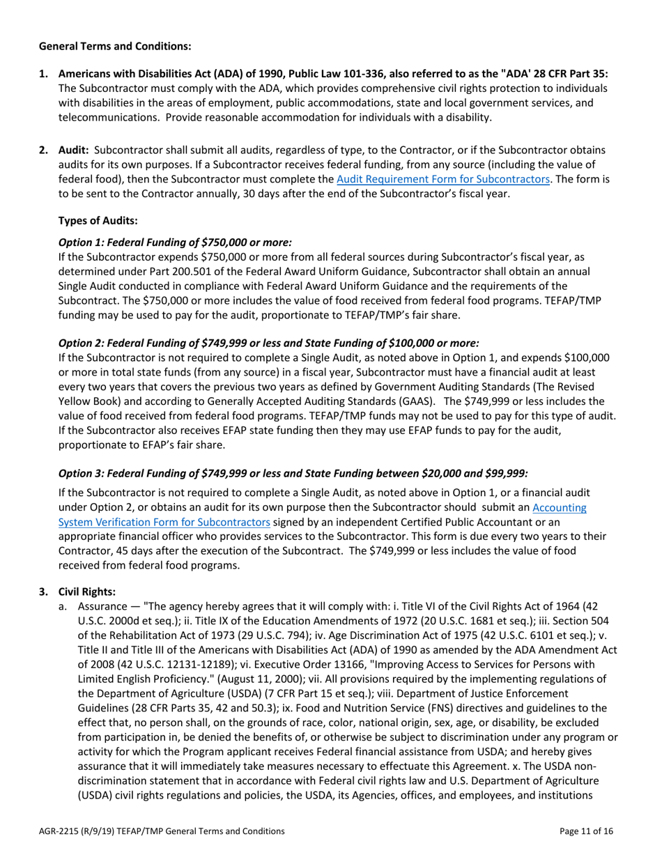 Form AGR-2215 The Emergency Food Assistance Program (Tefap) and Trade Mitigation Program (Tmp) Subcontract - Washington, Page 11