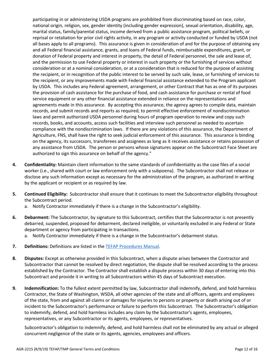 Form AGR-2215 The Emergency Food Assistance Program (Tefap) and Trade Mitigation Program (Tmp) Subcontract - Washington, Page 12