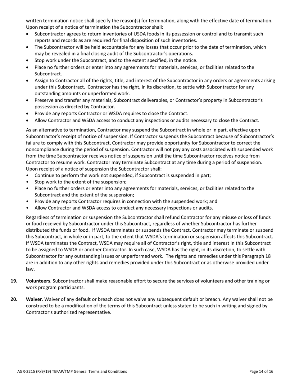 Form AGR-2215 The Emergency Food Assistance Program (Tefap) and Trade Mitigation Program (Tmp) Subcontract - Washington, Page 14