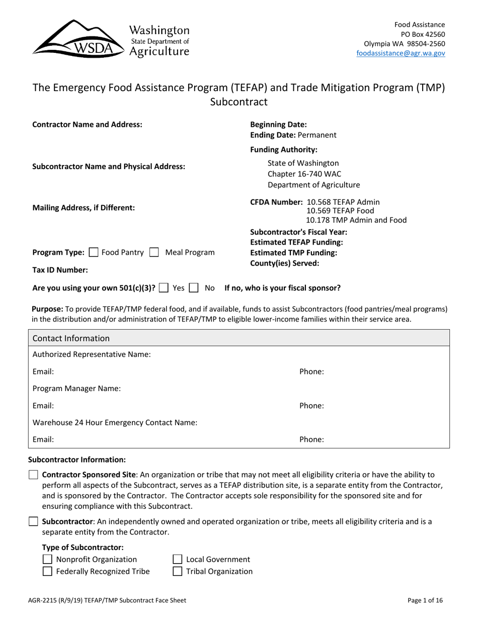 Form AGR-2215 The Emergency Food Assistance Program (Tefap) and Trade Mitigation Program (Tmp) Subcontract - Washington, Page 1