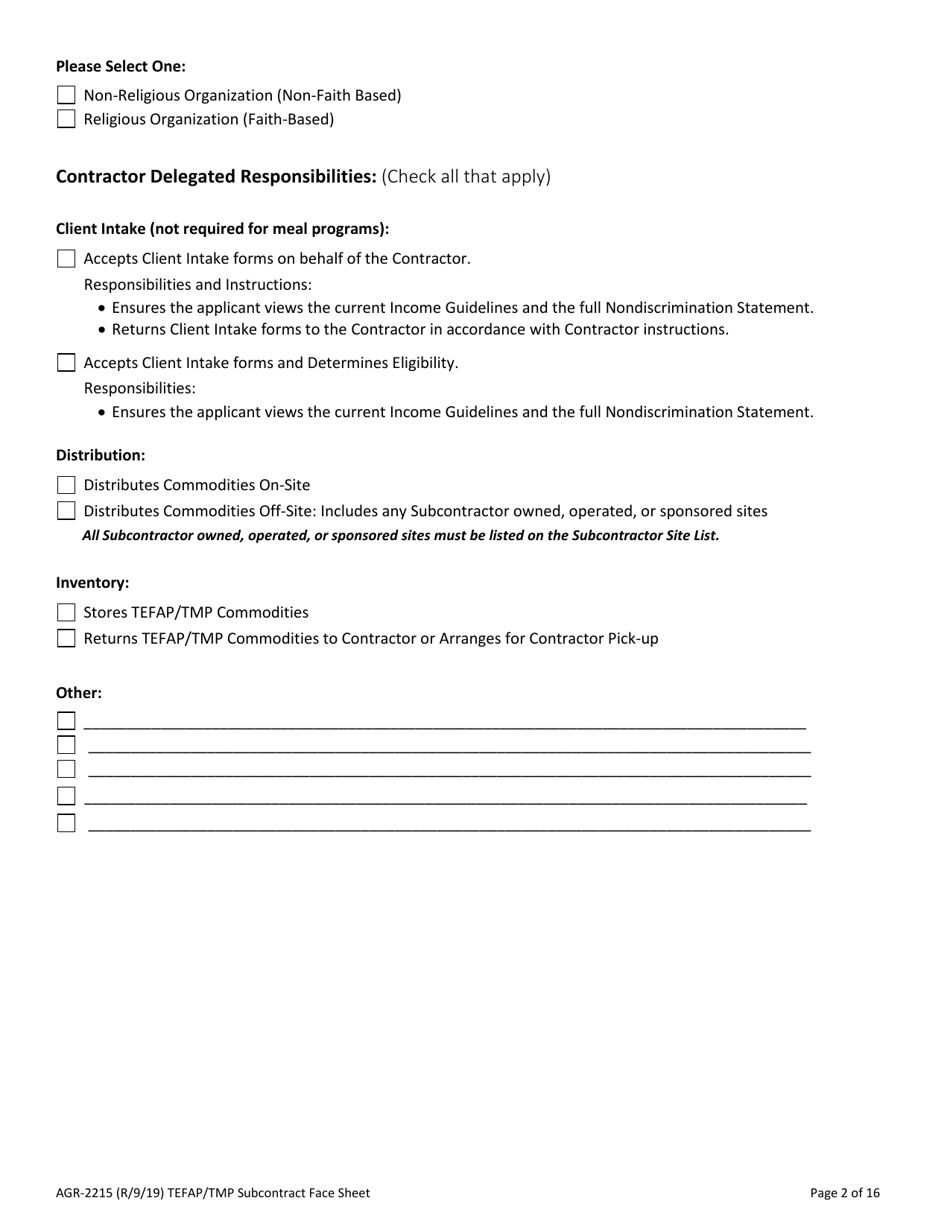 Form AGR-2215 The Emergency Food Assistance Program (Tefap) and Trade Mitigation Program (Tmp) Subcontract - Washington, Page 2