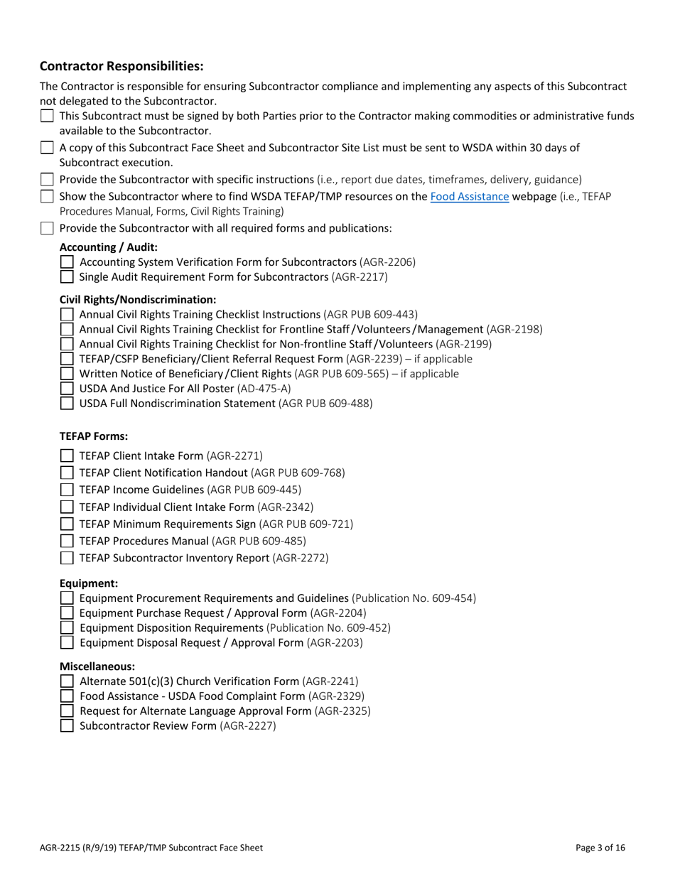 Form AGR-2215 The Emergency Food Assistance Program (Tefap) and Trade Mitigation Program (Tmp) Subcontract - Washington, Page 3