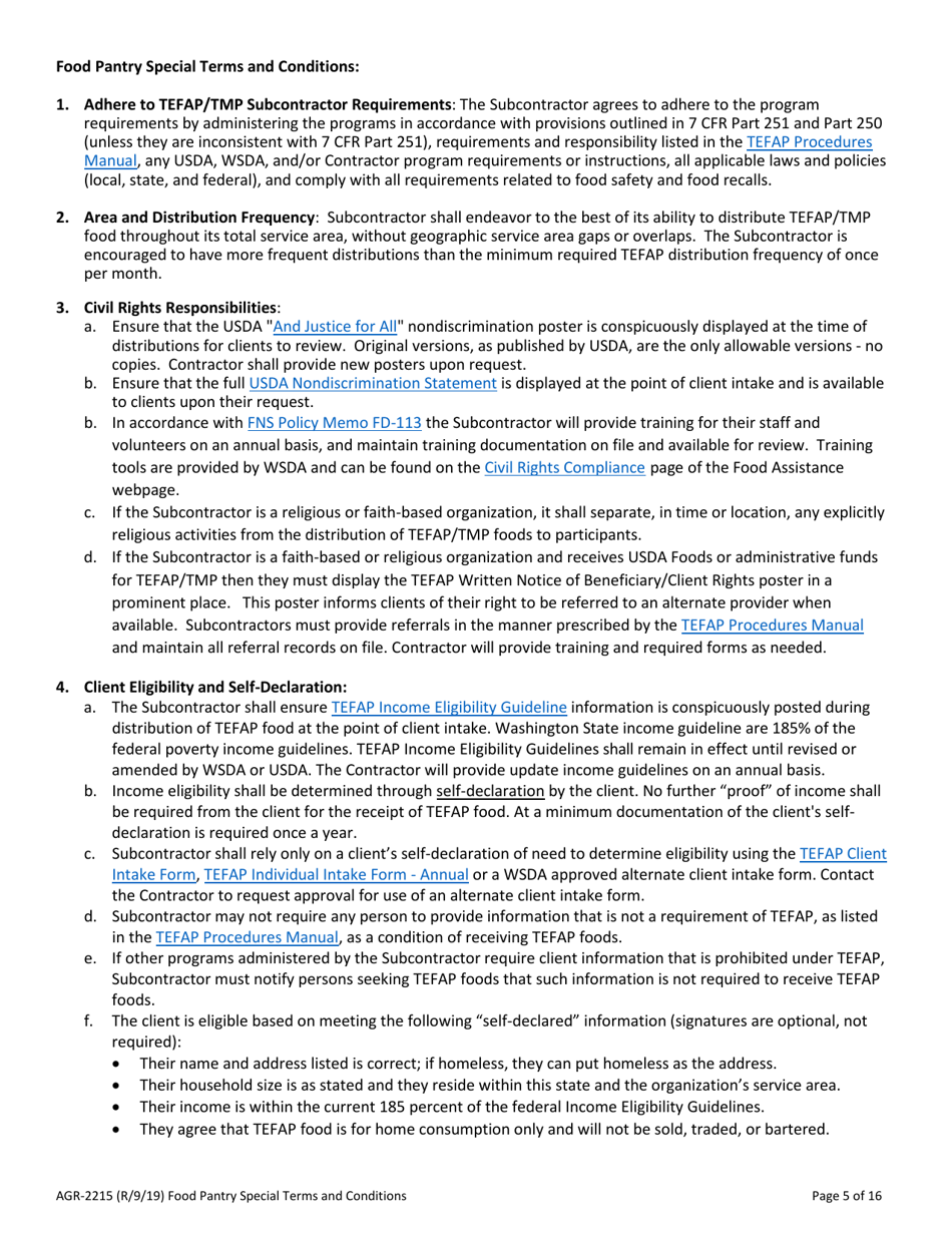 Form AGR-2215 The Emergency Food Assistance Program (Tefap) and Trade Mitigation Program (Tmp) Subcontract - Washington, Page 5