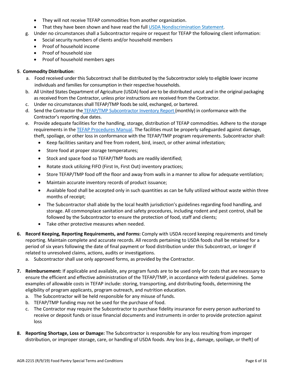 Form AGR-2215 The Emergency Food Assistance Program (Tefap) and Trade Mitigation Program (Tmp) Subcontract - Washington, Page 6
