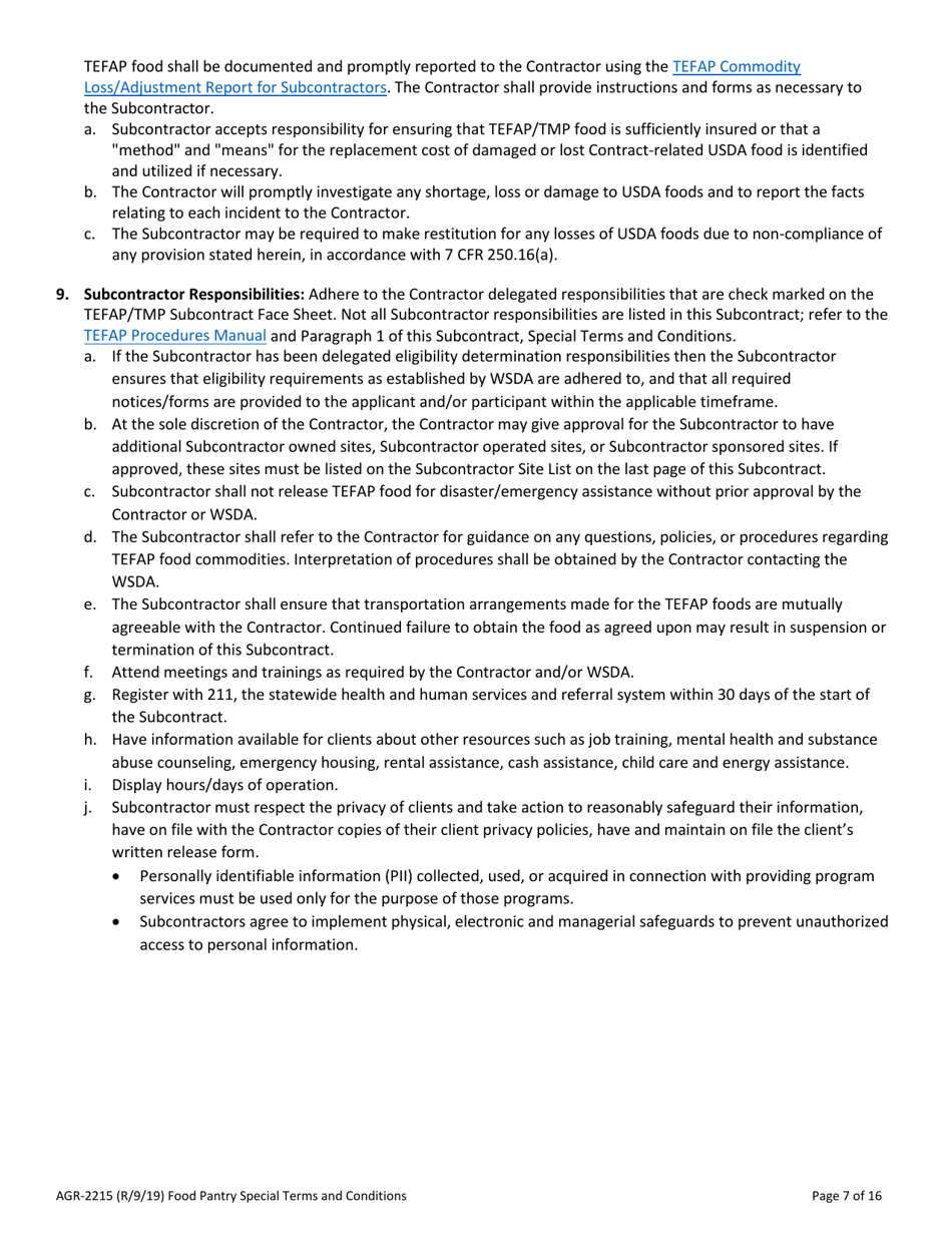 Form AGR-2215 The Emergency Food Assistance Program (Tefap) and Trade Mitigation Program (Tmp) Subcontract - Washington, Page 7