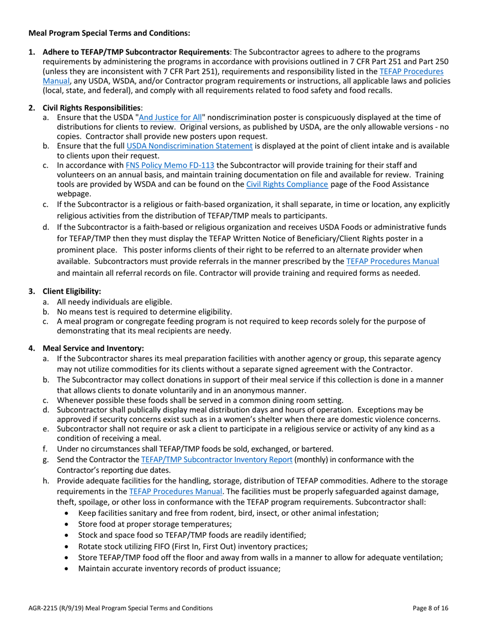 Form AGR-2215 The Emergency Food Assistance Program (Tefap) and Trade Mitigation Program (Tmp) Subcontract - Washington, Page 8