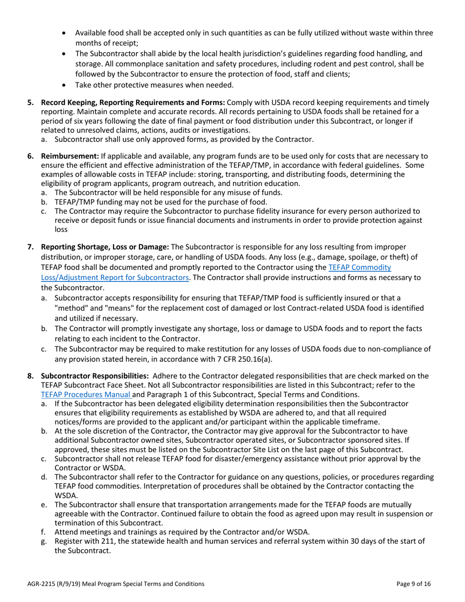 Form AGR-2215 The Emergency Food Assistance Program (Tefap) and Trade Mitigation Program (Tmp) Subcontract - Washington, Page 9