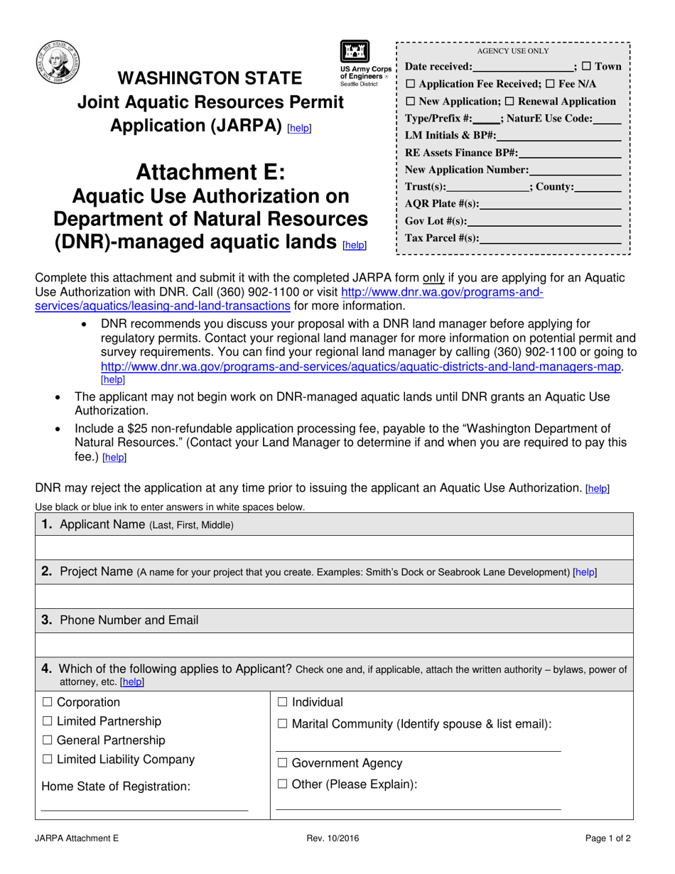 Attachment E Aquatic Use Authorization on Department of Natural Resources (DNR)-managed Aquatic Lands - Washington, Page 1