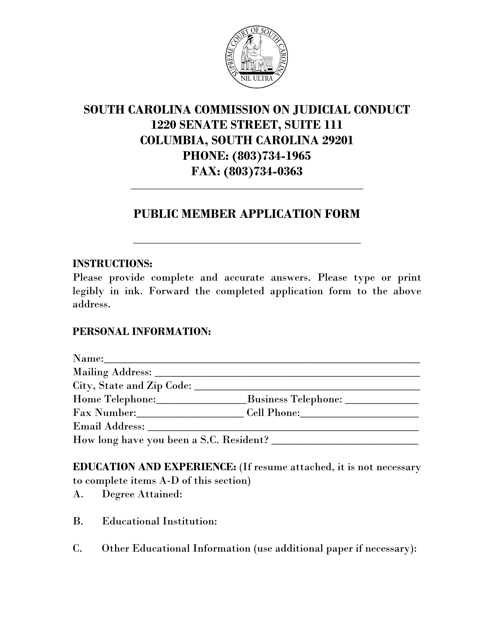 Commission on Judicial Conduct Public Member Application Form - South Carolina