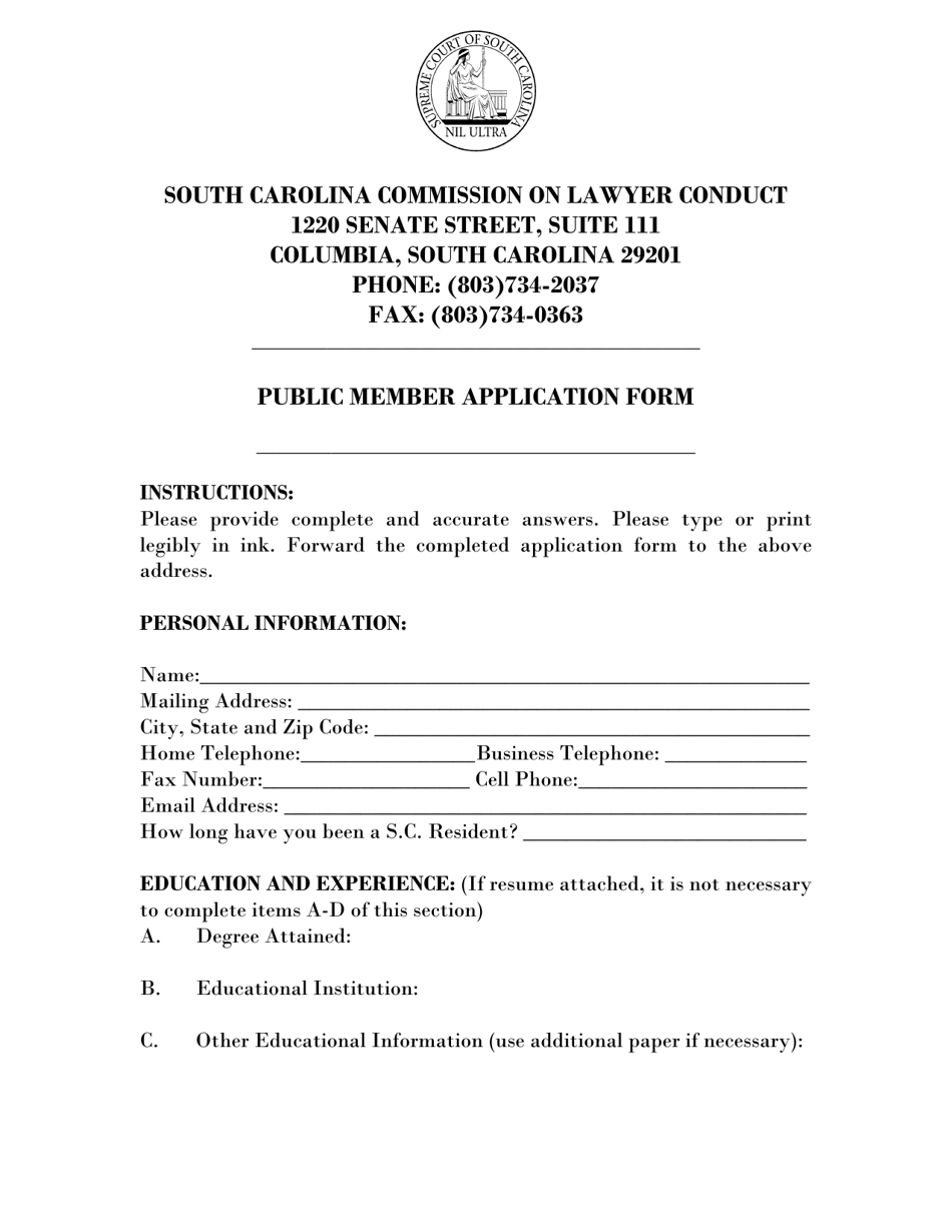 Commission on Lawyer Conduct Public Member Application Form - South Carolina, Page 1