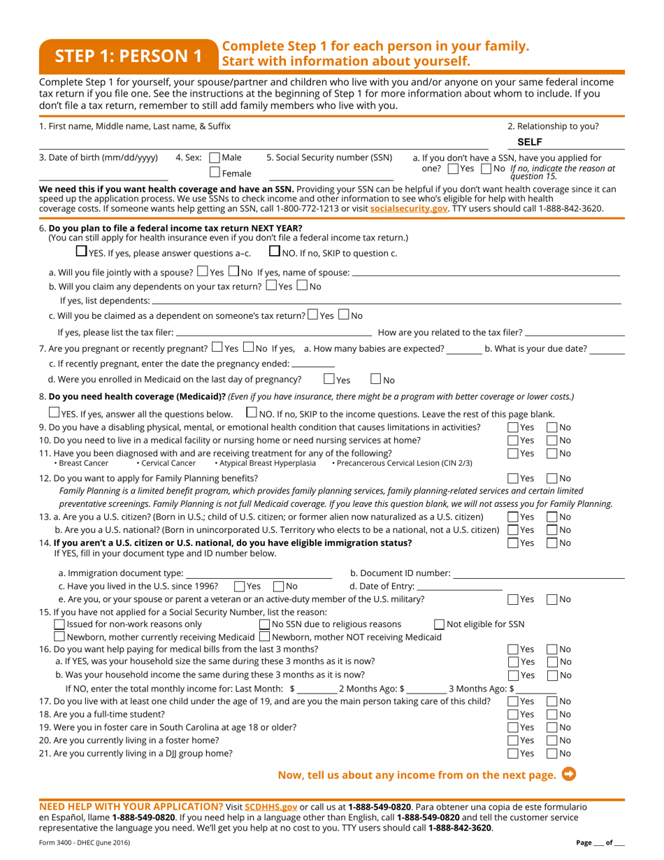Form 3400 Dhec Healthy Connections Application (Dhec) - South Carolina, Page 3