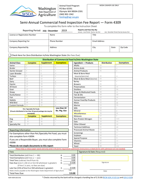 Form AGR-4309 Semi-annual Commercial Feed Inspection Fee Report - Washington
