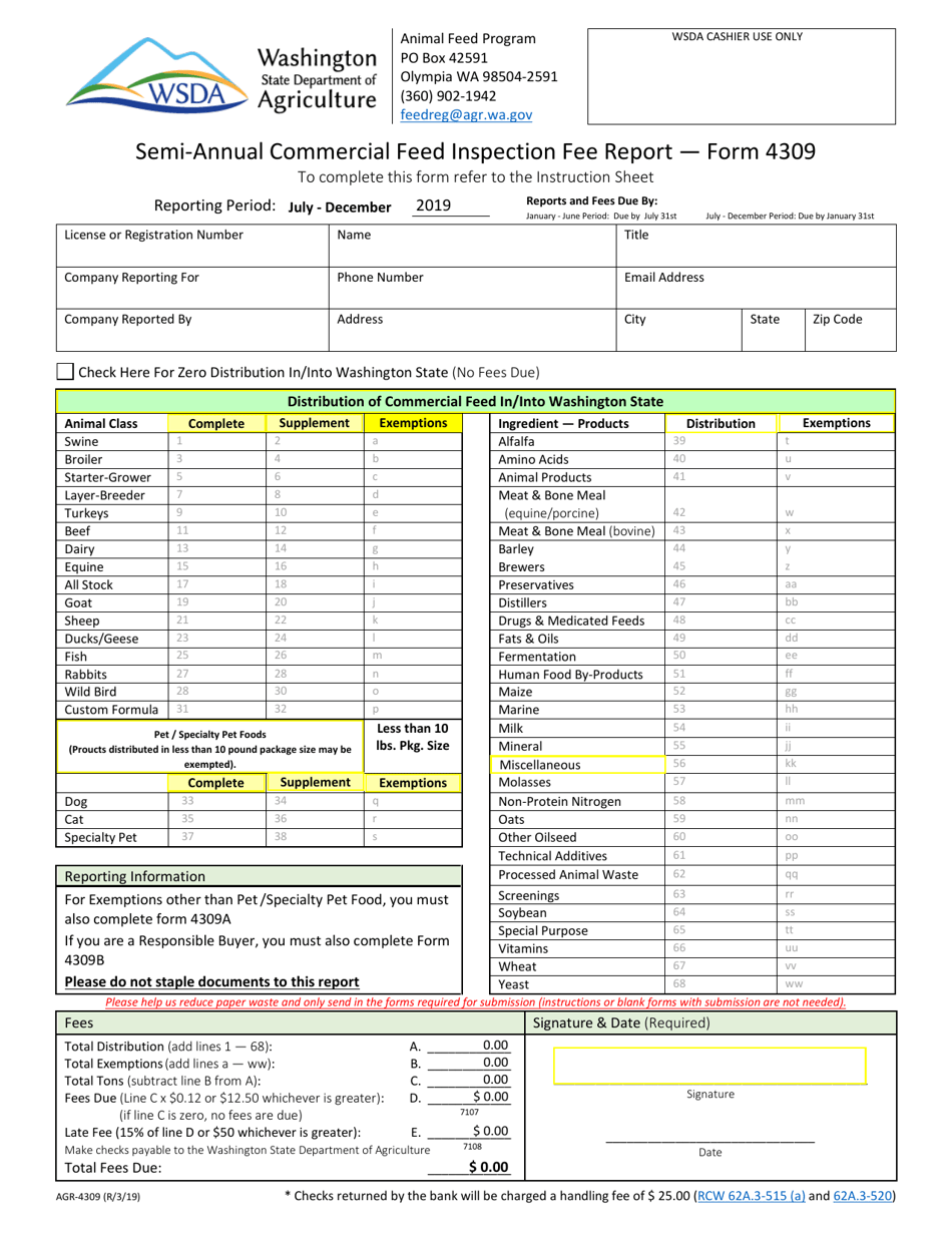 Form AGR-4309 Semi-annual Commercial Feed Inspection Fee Report - Washington, Page 1