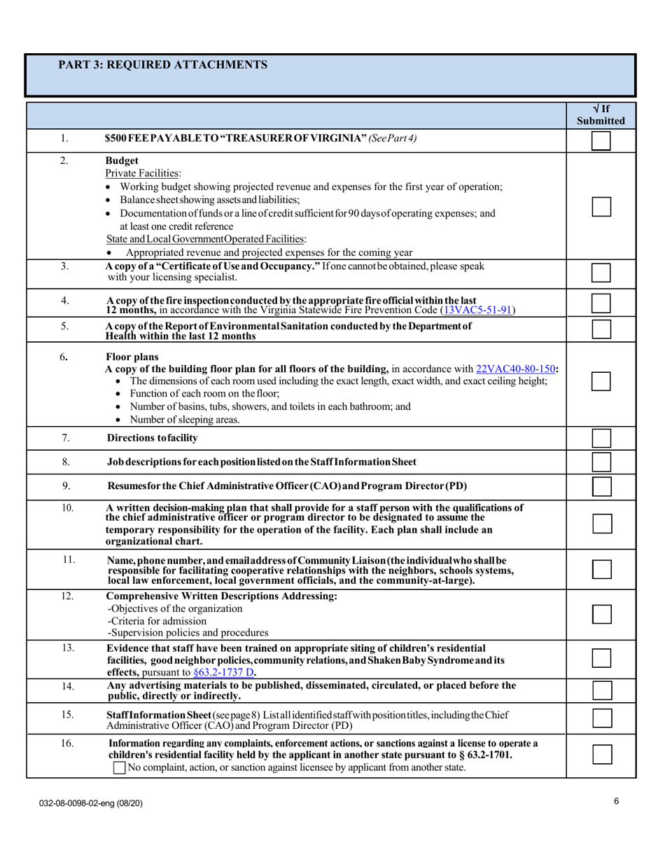Form 032-08-0098-02-ENG Initial Application for a License to Operate a Childrens Residential Facility (Crf) - Virginia, Page 6