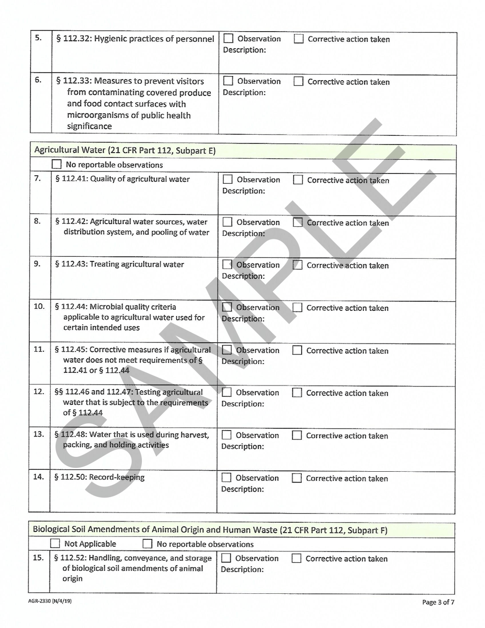 Form AGR-2330 Produce Farm Inspection Observations - Sample - Washington, Page 3