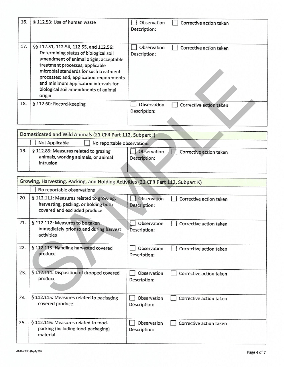 Form AGR-2330 Produce Farm Inspection Observations - Sample - Washington, Page 4