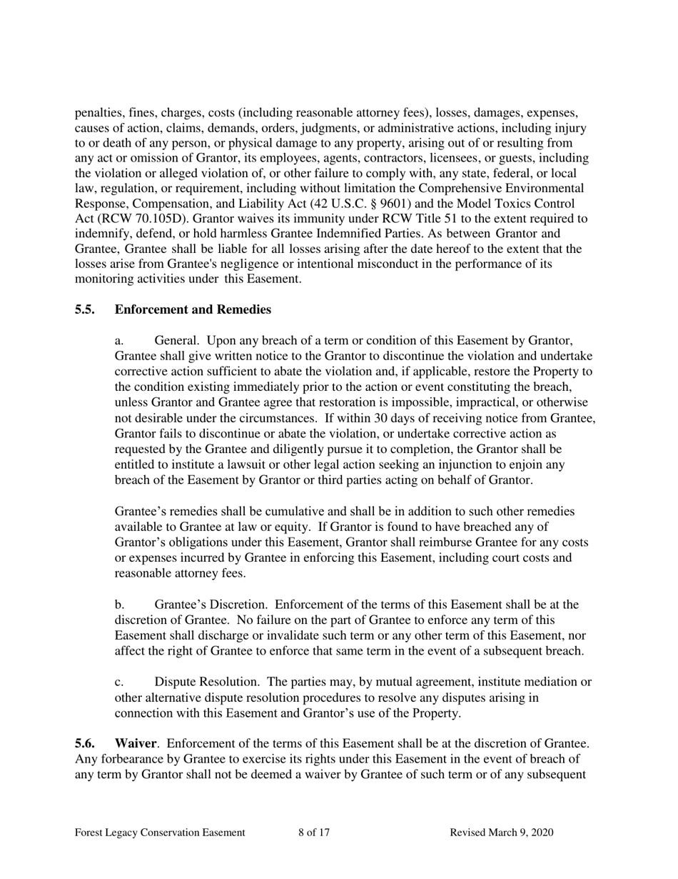 Forest Legacy Conservation Easement Deed - Washington, Page 8