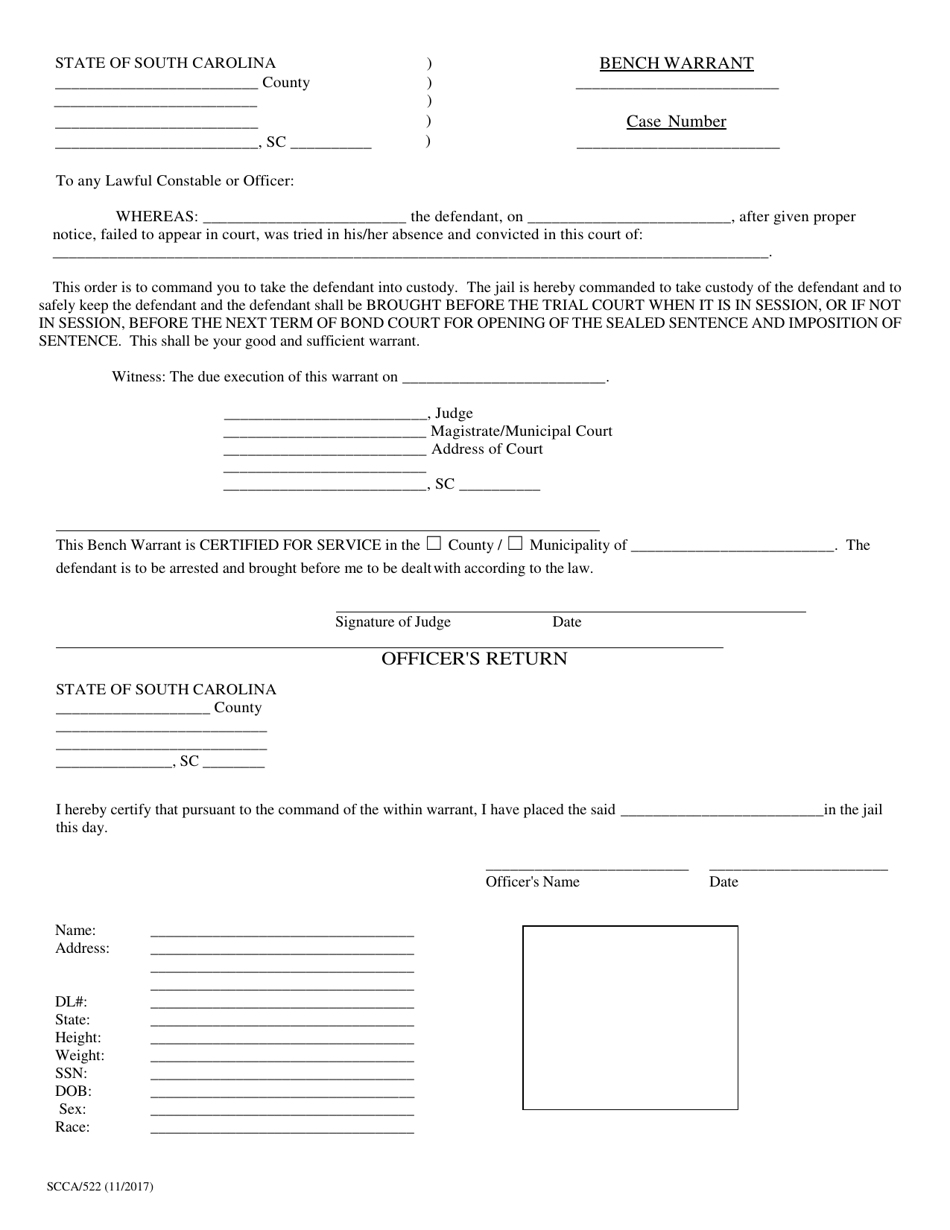Form SCCA/522 Bench Warrant After Trial in Absentia - South Carolina, Page 1