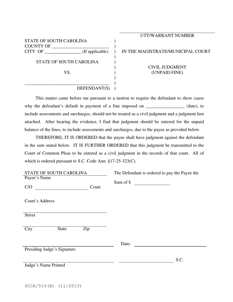 Form SCCA/516(B) Civil Judgment (Unpaid Fine Converted to Civil Judgment) - South Carolina, Page 1